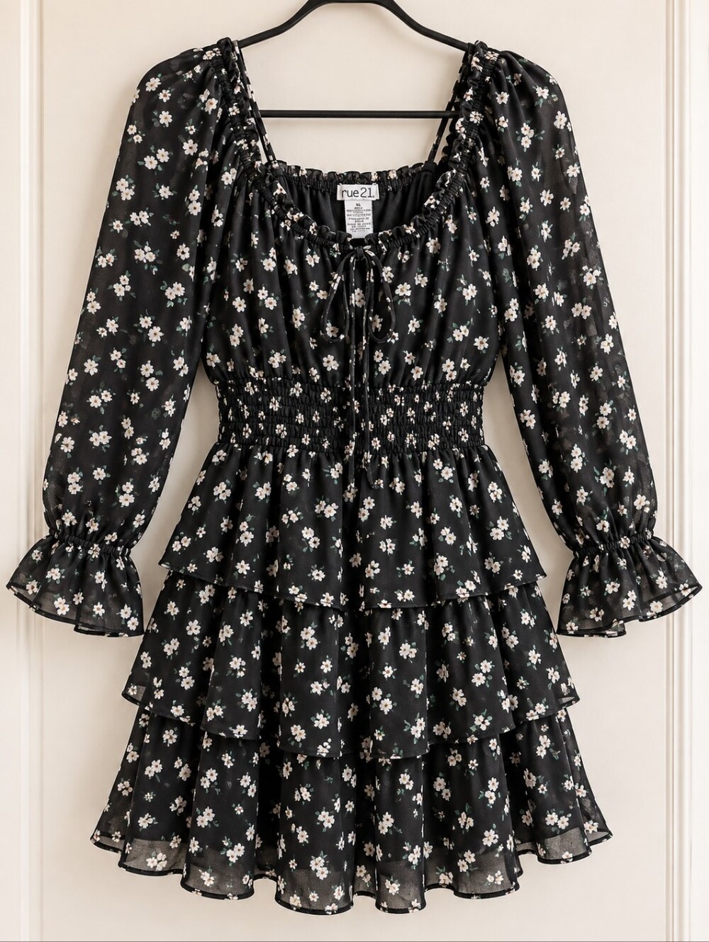 Rue21 Black Floral Tiered Ruffle Dress Off Shoulder XL